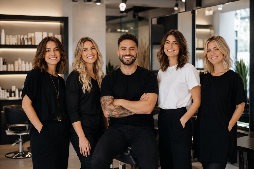 Teamfoto van medewerkers in een kapsalon